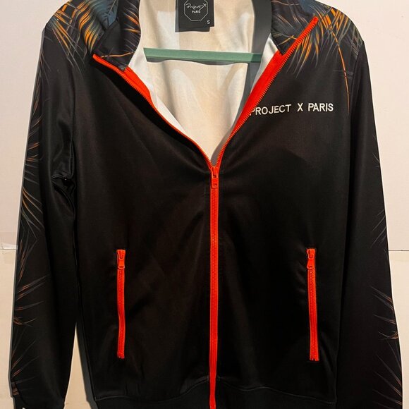 Project X Paris Zip-Up Jacket Small Black Tropical Leaf Print Orange Zippers - Picture 7 of 7